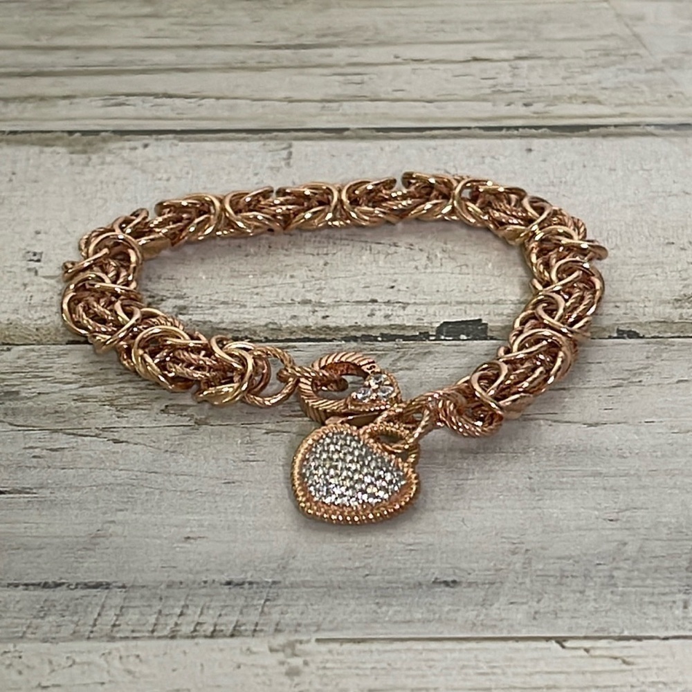 Judith Ripka Rose Gold Clad Byzantine Heart Charm Bracelet Pave - Picture 2 of 7